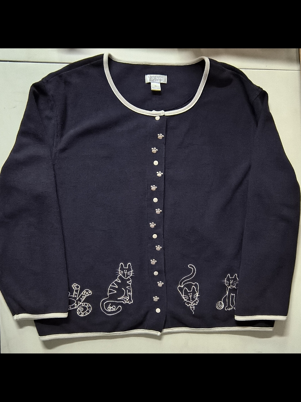 Vintage Christopher Banks Navy Cardigan W/ Snap Closure & Embroidered Cats